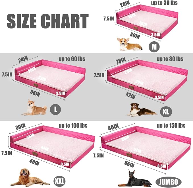 Patas Lague Orthopedic Large Dog Bed Washable Pet Sofa Bed 42''X28''Pink | 2-Sided Bolster Egg-Crate Foam Dog Couch Large Sized Dogs, Waterproof Removable Washable Cover, Nonskid Bottom Pet Crate Mat