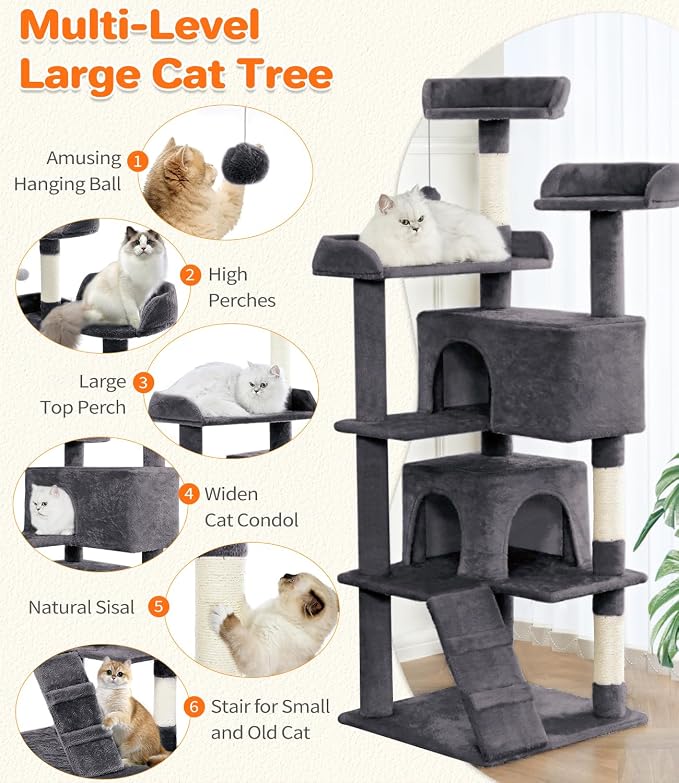 Made4Pets Cat Tree Tower 56in Cat Tower for Indoor Cats Kitten Tree Multi-Level Cat Tree with 2 Condo Furniture Activity Center with Scratching Posts Funny Toys Kittens Pet Play House, Grey