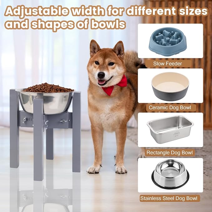 Elevated Dog Bowl Stand Adjustable Dog Food Holder 10”H Medium Grey | 10” Elevated Dog Bowl Stand, Medium Dogs, Adjustable, Fits 7”-10” Bowls, Single Bowl Holder, Natural Bamboo, Classic Grey