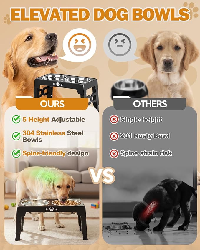 Jovrun Elevated Dog Bowls for Medium Large Size Dogs, Non-Slip Dog Feeder with 2 Stainless Steel Dishes, 5 Heights Adjustable Raised Bowls to 3.15″-8.66″-9.84″-11.02″-12.2″