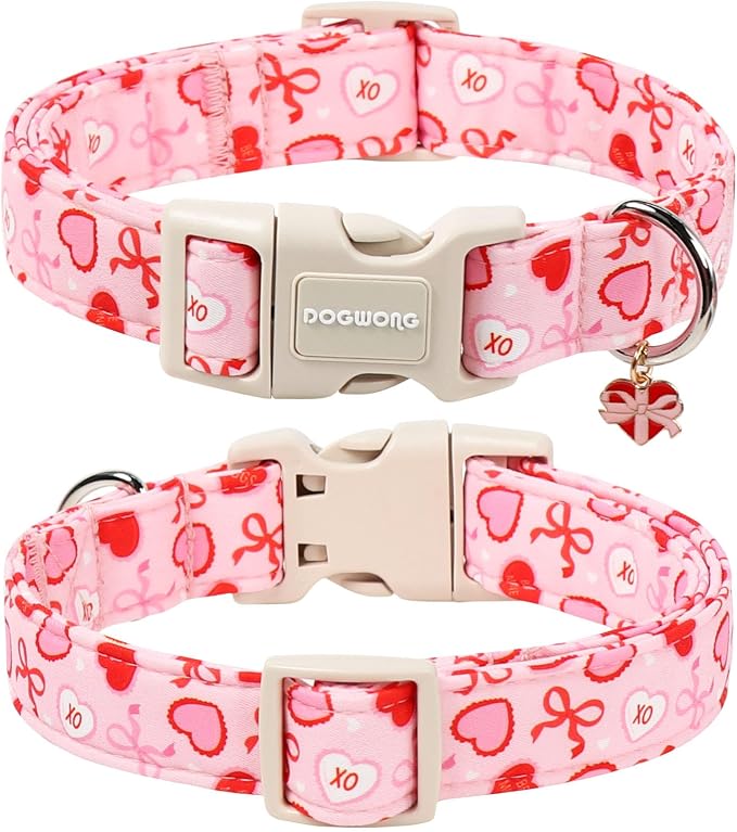 DOGWONG Valentine's Day Dog Collar-Cute Pink Bow Heart Pattern Dog Collars, Adjustable Valentine Heart Pet Collars Puppy Collar with Quick Release Buckle for Girl&Boy Dogs,XS