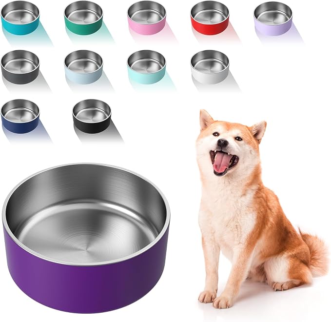 WENBOKMIN Dog Bowl, Stainless Steel Dog Food and Water Bowl with Non Slip Quiet Bottom, Easy to Clean, Dishwasher Safe, 64oz, Purple