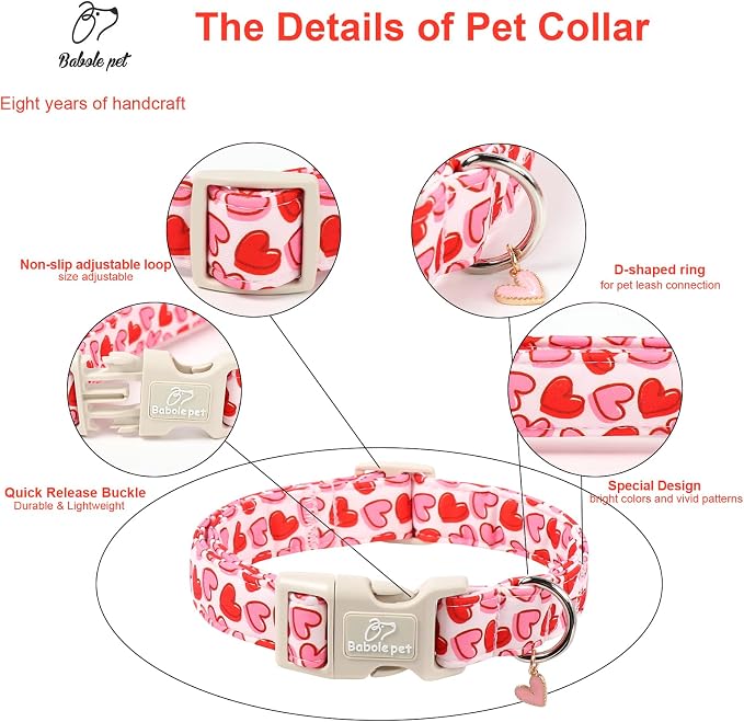 Valentines Dog Collar for Medium Dogs - Pink Valentine Hearts Dog Collars, Girly Love Female Dogs Collars, Lightweight Adjustable Cute Puppy Collar with Quick-Release Buckle M