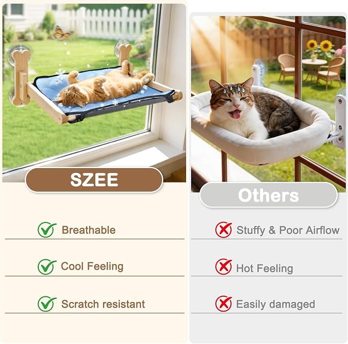 SZEE Cat Window Perch, Cooling Window Cat Bed with Cooling Mat, Foldable Pet Perch Hammock with Sturdy Wooden Frame & Large Suction Cup, with Soft Flannel Plush Backing for All-Season Use