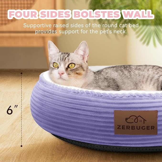 Zerbuger 20in Violet Round Cat Dog Bed Gift for Large Medium Small Dogs Cats, Machine Washable Sleeping Sofa, Non-Slip Bottom Breathable Soft Calming Pet Cuddler for Indoor/Outdoor/Car/Cage