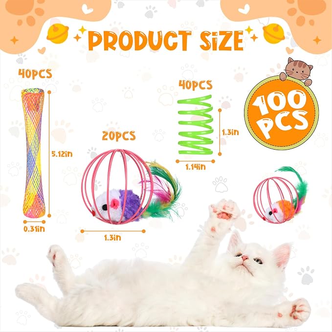 100 Pcs Cat Springs Toys Pack for Indoor Kitten Colorful Cat Supplies Include Interactive Plastic Spring Metal Cage Balls Rolling Mesh Tubes for Kitten Stray Cats to Play Hunt