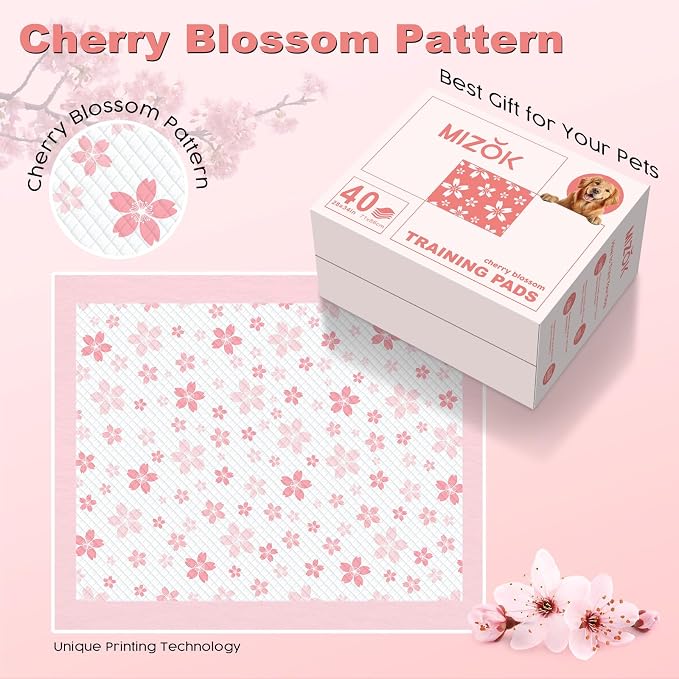 MIZOK Puppy Pads 22x22in Pee Pads for Dogs with Cherry Blossom Pattern 6 Layer Super Absorbent for Up to 4 Cups Dog Pee Pads Leak-Proof Dog Pads for Small Dogs, Puppies, Doggie (28x34in | 40Ct-Pink)