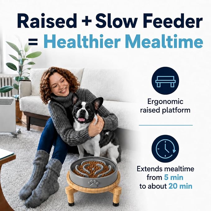Slow Feeder Dog Bowls – Elevated Dog Bowl Slow Feeder with Bamboo Stand– Microwaveable Dog Slow Feeder for Small and Medium Dogs – Lead and BPA-Free Ceramic Pet Bowl – Pet Feeder for Fast Eaters