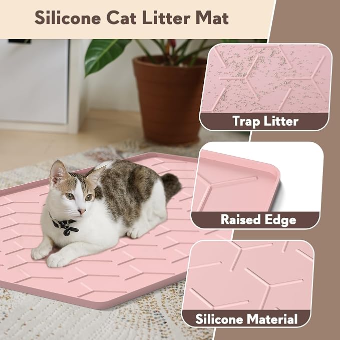Garoopion Silicone Cat Litter Mat Large 40" X 28", Easy to Clean, Pink | Large Size Waterproof Silicone Mat with Raised Edges, Catch Litter, Protect Floor from Urine, Multi-Use for Dog/Sink/Kitchen