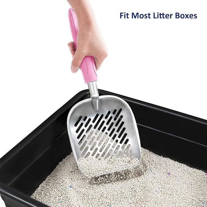 WePet Cat Litter Scoop, Aluminum Alloy Sifter, Kitty Metal Scooper, Deep Shovel with Diagonal Sifting Hole, Long Handle, Kitten Poop Lifter for Litter Box, Medium Size, Pink Handle