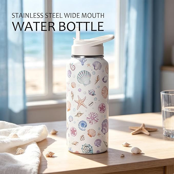32oz Rainbow Seashells Stainless Steel Insulated Water Bottle with Straw, Beach Ocean Sports Coffee Travel Mug, Coastal Themed Gifts for Women Seashell Decor Accessories