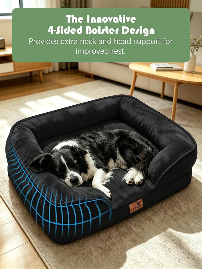 Spotted Play Orthopedic Dog Bed with Sides - Sofa Beds for Large Dogs, Supportive Foam Pet Couch Bed with Washable Removable Cover, Waterproof Lining and Non-Slip Bottom, Black - L