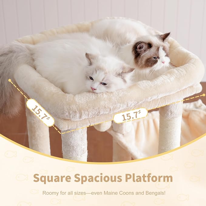 Heybly Heavy Duty Cat Tree with Large Base for Large Indoor Cats HCT026M | Cat Tower with Scratching Posts, Tall Cat Condo House , Multi-Level Plush Furniture with Hammock & Toy Balls, Beige