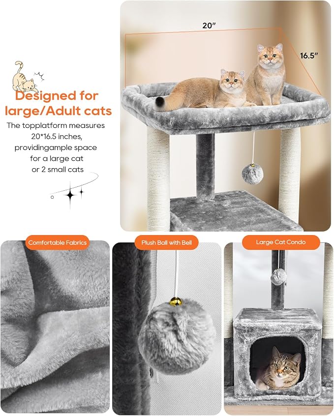 SYANDLVY 27IN Cat Tree for Indoor Cats Large Adult, Modern Activity Tower with Scratching Posts, Condo with Plush Perch, Climbing Stand with Spring Ball for Play, Grey