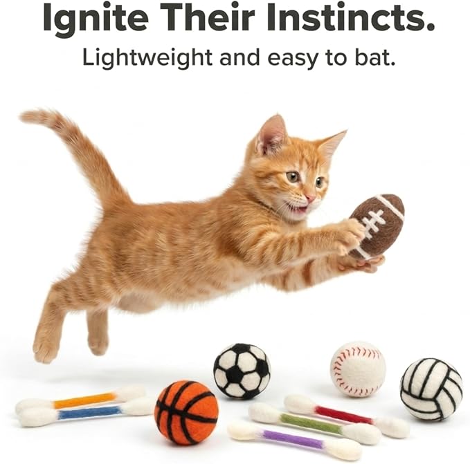 Glaciart One Cat Qtip Toy Set, 5 Pcs Wool Felt Cat Sport Balls (1.5 Inch) & 6 Pcs Cotton Swab Cat Toys, Natural Wool Cat Toys for Indoor Cats