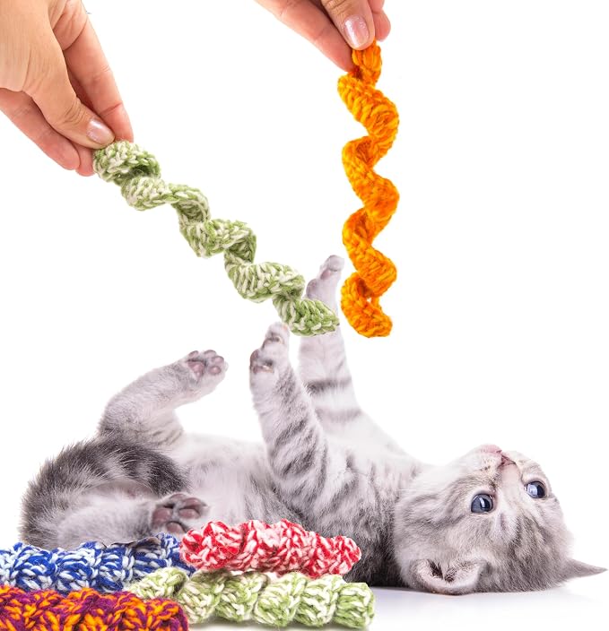 Glaciart One Crochet Spring Cat Toy – 5 Pcs Soft Fuzzy Enrichment 100% Natural Wool Yarn - Interactive Stretchable Play Cat Toy Set - Safe for Pets, Non-AZO Colored Dyes