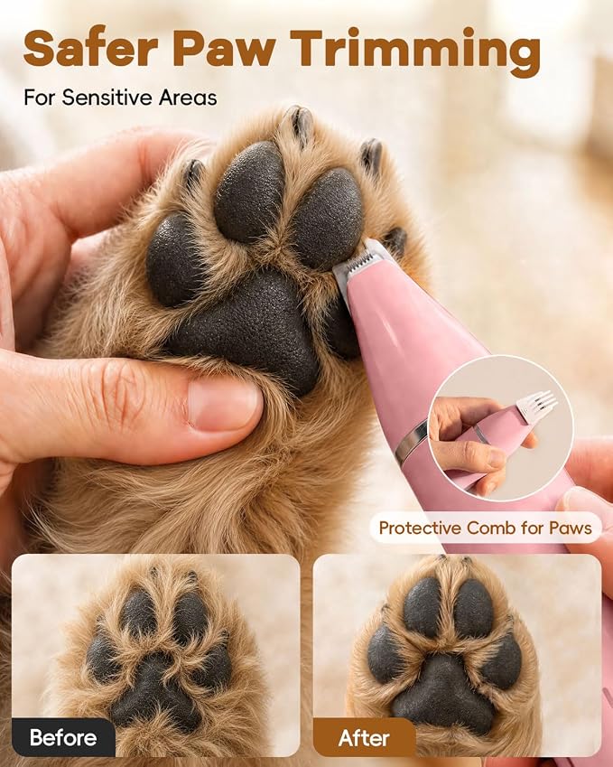 Veeconn 4 in 1 Dog Clippers Grooming Kit with Paw Hair Trimmer for Cat Pet | Low Noise, 7500RPM Powerful, IPX7 Waterproof, Safe & Easy for Beginners, 4 Guide Combs, Cordless Dog Nail Grinder (Pink)