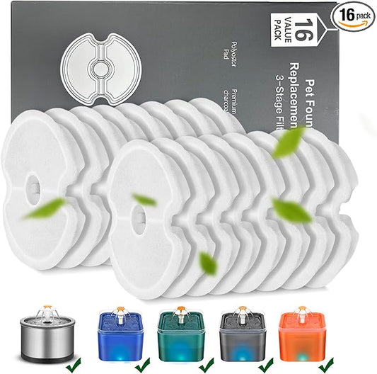 Cat Water Fountain Filters, Multiple Filtration Pet Water Fountain Replacement Filter,8 or 12 Packs of Cotton Activated Carbon Cat Fountain Filters (Filter 16 pack)