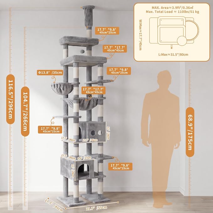 Heybly Floor to Ceiling Cat Tree, 104.7"-116.5" Height-Adjustable HCT92W | Expanded Wide Cat Climbing Tower with Wide Perch, 2 Spacious Cat Condos & 15 Scratching Posts for Indoor Cats, Light Gray