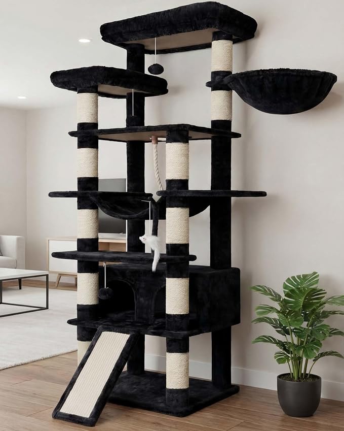 Heybly Tall Cat Tree 78-inch Multi-Level Cat Tower for Indoor Cats HCT033G | Cat Condo with 2 Widened Plush Perches, Multi-Level Cat Furniture with Scratching Board, Big Caves, Smoky Gray