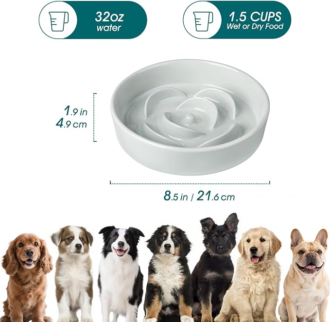 vancasso Slow Feeder Dog Bowl, 1.5 Cups Ceramic Dog Food Dish for Fast Eaters Medium Breed, Puzzle Bowl for Small Dogs and Cats, Grayish Cyan