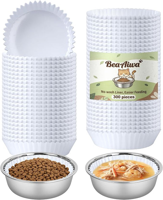 Bulk Disposable Cat Bowls Set (300 Pcs Cat Food Bowl Liners + 2 Pcs Stainless Steel Pet Bowls) Small Paper Bowls for Puppies, Kittens, Small Dogs and Cats, Ideal for Dry and Wet Food (White, Classic)