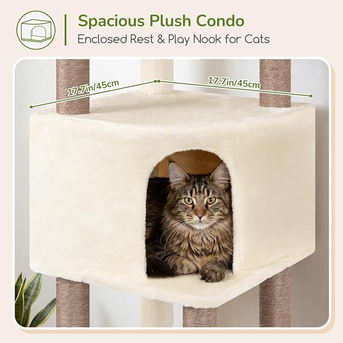 Globlazer F65D Corner Cat Tree Tower with Scratching Posts, Beige | 65in Multi-Level Large Cat Scratching Tower with Hammock, 6 Scratching Posts, Basket and 2 Perches for Indoor Multiple Cats