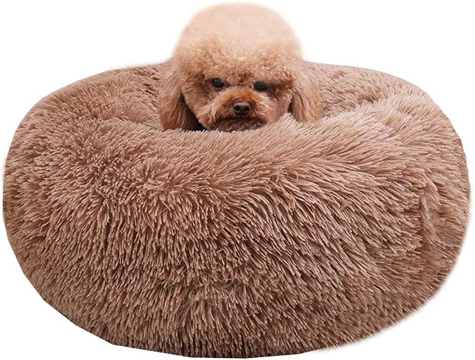 Modern Soft Plush Round Pet Bed for Cats or Small Dogs, Mini Medium Sized Dog Cat Bed Self Warming Autumn Winter Indoor Snooze Sleeping Cozy Kitty Teddy Kennel (24'' D x 8'' H, Coffee)