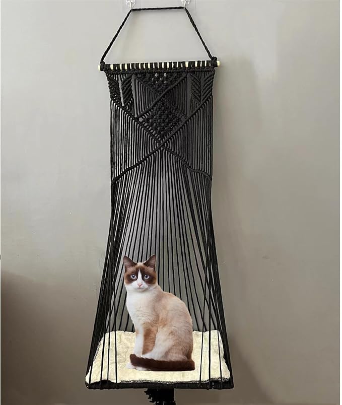 Macrame Hanging Cat Hammock Bed Cat Swing House Space Saving Window Perch with Washed Cotton Cats Toy Tassel Basket Tapestry (Black, Swing Bed+Cushion, XL)