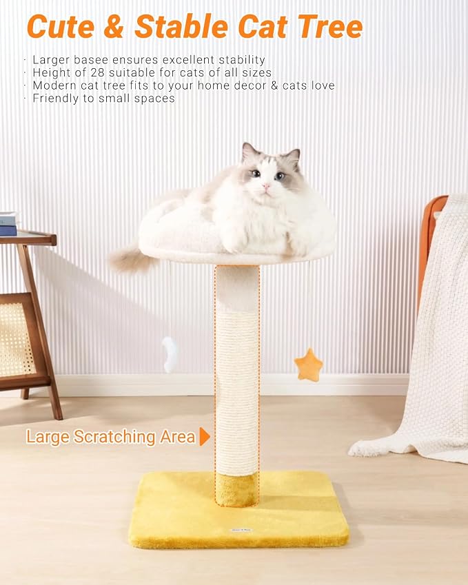 Tall Cat Scratching Post with Large Bed, Thick Posts with Toys | 28" Tall For Large Cats, Easy To Clean, Cloud-Shaped Soft Perch, Removeable Cover, Stable Cat Stand, Bonus Catnip