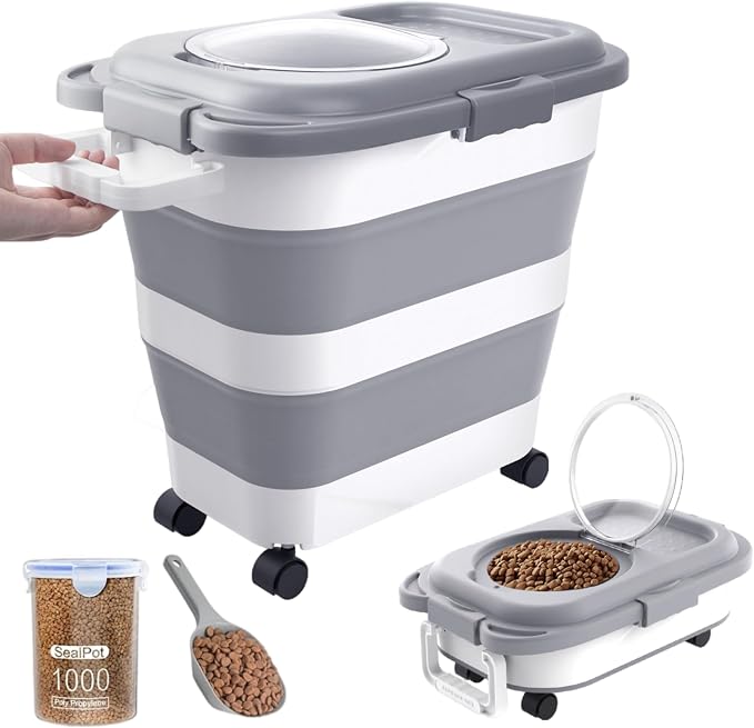 25-28Lbs Dog Food Storage Container Airtight,Collapsible Pet Food Storage | Dog Food Container with Handle,Wheels,Double Airtight Seal Fresh,Save Space,Pest/Mouse-proof,Small Cat Food Container,Scoop