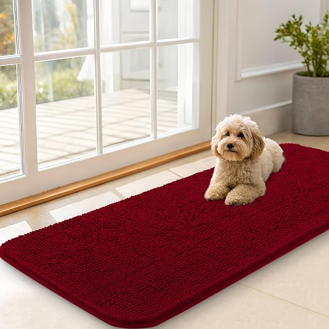 OLANLY Dog Door Mat for Muddy Paws 47x20, Super Absorbent Chenille Mud Mat | Red, Absorbs Moisture and Dirt, Non-Slip Machine Washable Doormat, Quick-Drying Indoor Entryway Floor Carpet for Dogs