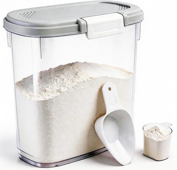 Rice Storage Container 15-20 Lbs, Tall Flour Bin Container with Scoop, Cup | Slim Dry Food Container Storage Bin for Cereal, Sugar, Beans, Pet, Dog, Cat Food, Kitchen and Pantry Storage Organization