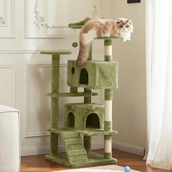 Sweetcrispy 54-inch Cat Tree Tower with Scratching Posts, Indoor Use | Multi-Level Indoor Cat Tree Condo with Climbing Ladder, Plush Toy, Play House for Kitten, Green