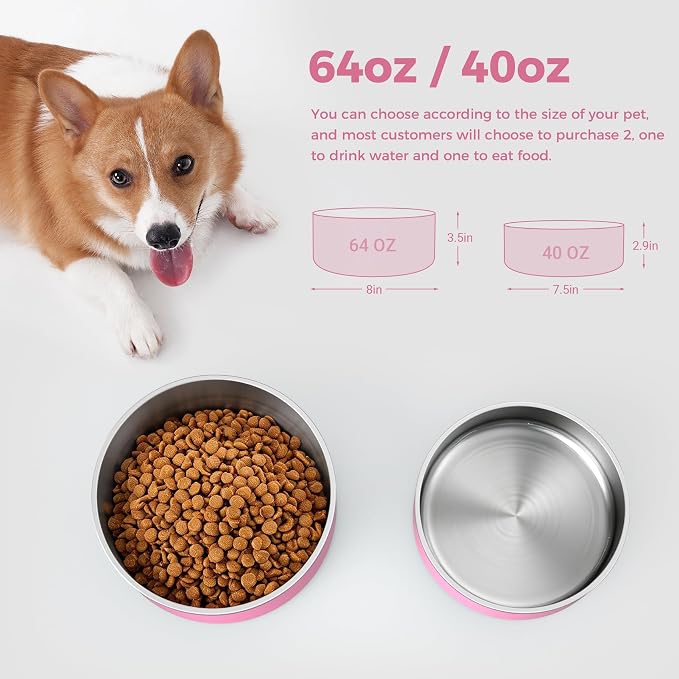 Dog Bowl, Stainless Steel Dog Food and Water Bowl with Non Slip Quiet Bottom, Easy to Clean, Dishwasher Safe, 40oz, Pink