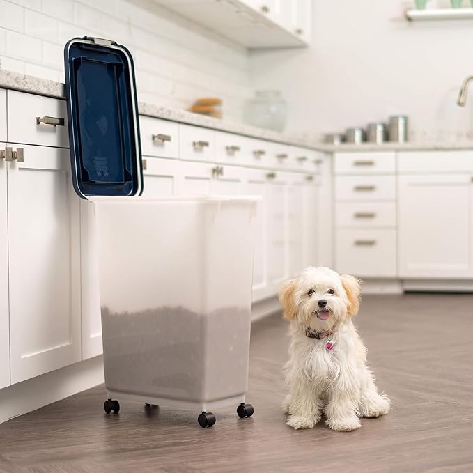 IRIS USA Dog Food Storage Container, Up to 38 lbs, Navy/Pearl, Made in USA | Wheels for Mobility, Airtight Seal, BPA-Free, Best for Bird Seed, Cat food, Cat Litter, Chicken Feed, Pellets