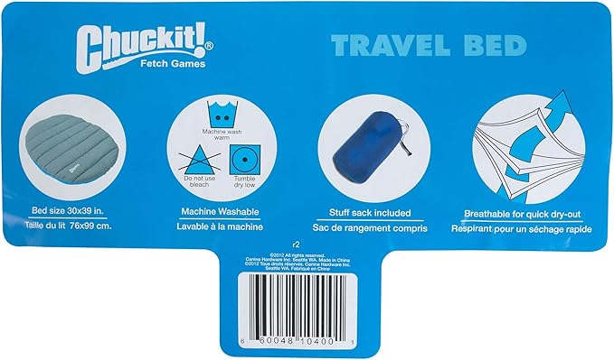 Chuckit! Outdoor Travel Portable Water Resistant Travel Pillow Dog Bed For Medium to Large Dogs 20 to 100 lbs, 39"L x 30"W, Blue