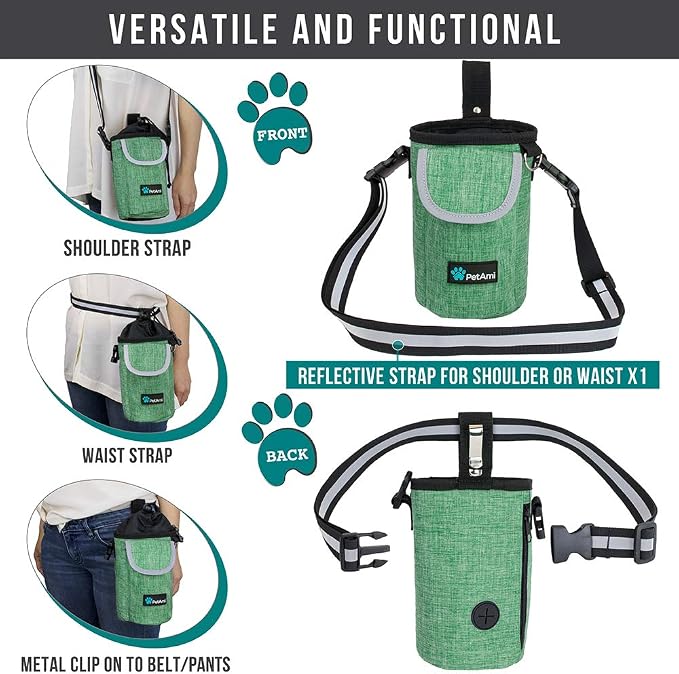 PetAmi Dog Treat Pouch, Large Hands-Free Training Bag, Green | Built-In Poop Bag Dispenser, Holds 3 Cups Of Treats, 4 Ways to Wear, D-Ring, Reflective Strap, Dog Treat Bag for Walking