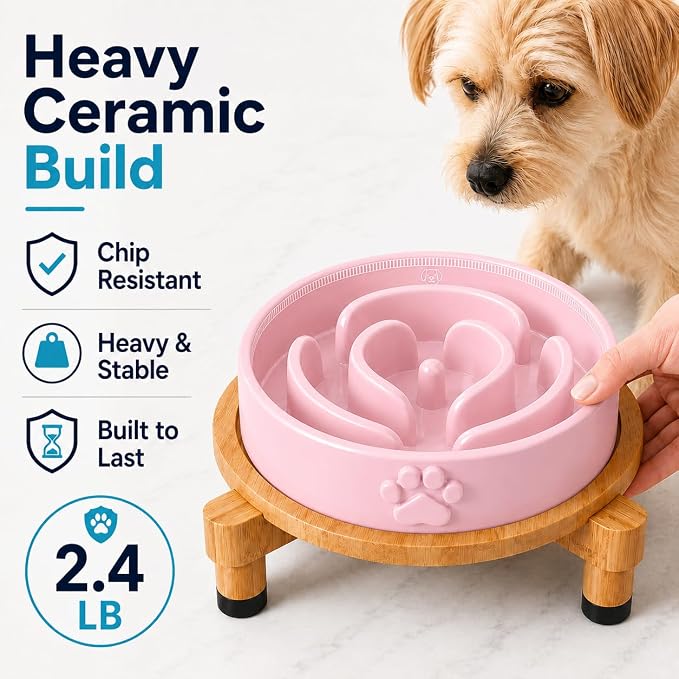 Slow Feeder Dog Bowls – Elevated Dog Bowl Slow Feeder with Bamboo Stand– Microwaveable Dog Slow Feeder for Small and Medium Dogs – Lead and BPA-Free Ceramic Pet Bowl – Pet Feeder for Fast Eaters