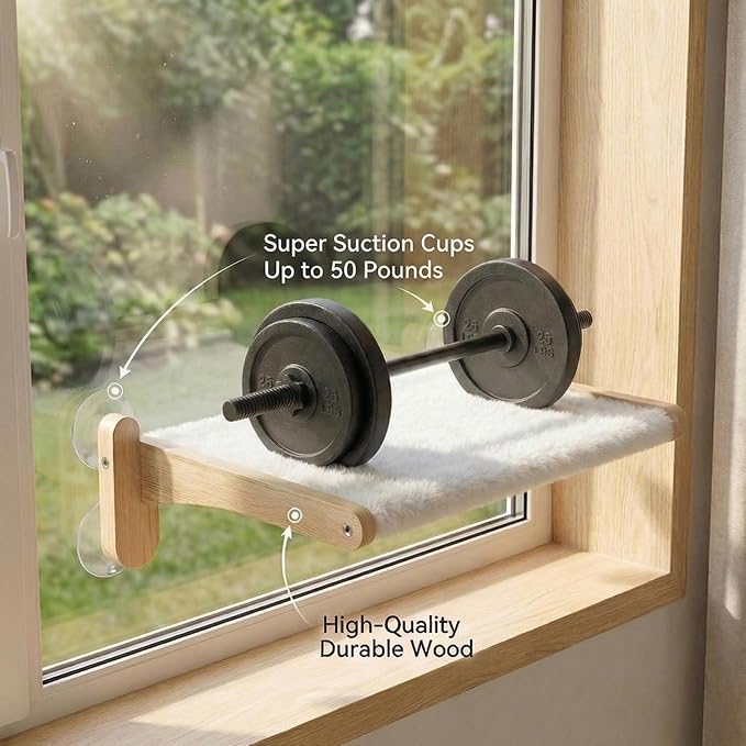Cat Window Perch with Bird Feeder,Suction Cup Window Cat Bed for Large Cats | Solid Wood Frame, Plush Washable Cover. Suction Cups Support Up To 50 Lbs On Flat Glass. Foldable Design, Tool-Free Setup.