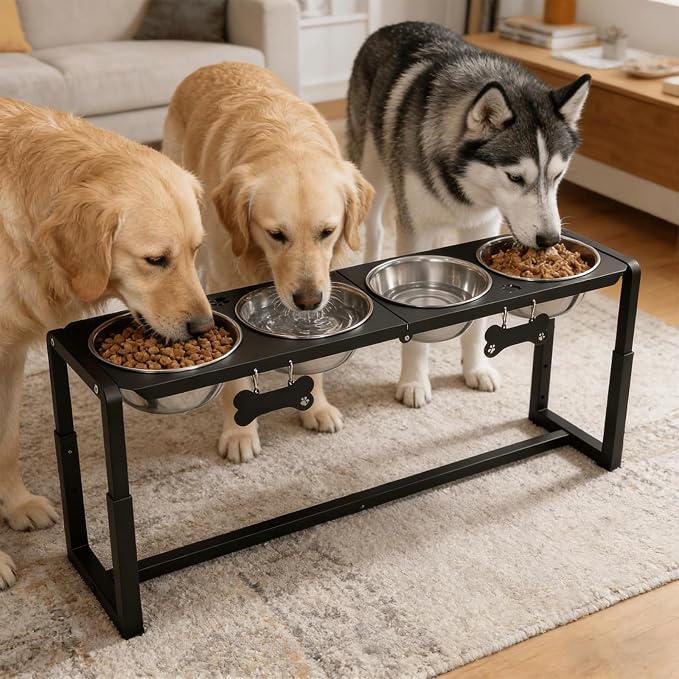 Metal Elevated Dog Bowls, Raised Dog Bowls for Medium/Large Sized Dogs with Four 58oz Stainless Steel Food Bowls, 3 Adjustable Height (8.8"/11.5"/14") Dog Bowl Stand Protect Neck & Joints