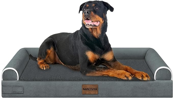 NANUYA Orthopedic Dog Bed for XX-Large Dogs, 44 x 34 Inch, Dark Grey | Egg crate foam for joint support, 3-sided bolster pet sofa, waterproof lining, washable cover, and non-skid base