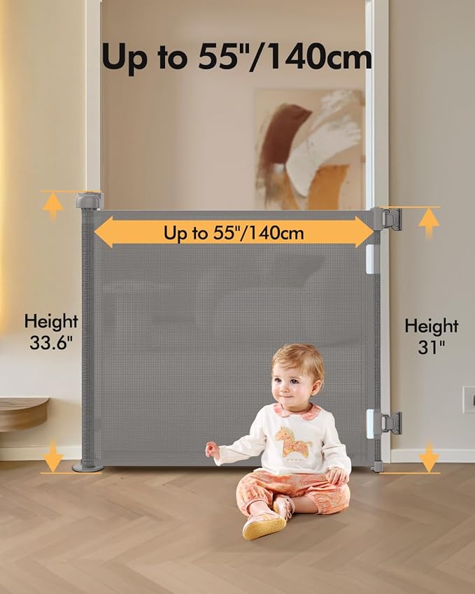 (2 Pack) Retractable Baby Gate for Stairs & Doorways,55" Wide x 33.6" Tall Easy Installation Mesh Dog Gate for Indoor & Outdoor Use,Pet and Dog Safety Gate for Hallways(Grey)