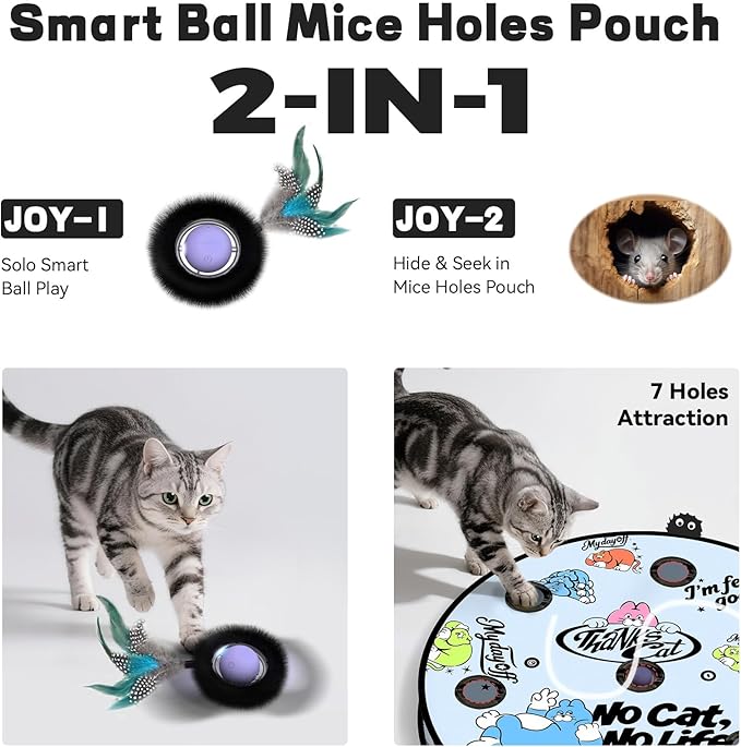 Interactive Cat Toy with Motion Activated Ball & 7 Holes Maze Mat, Hide and Seek Exercise Game for Indoor Cats, Automatic Moving Cat Ball Toy in Pouch, Rechargeable Kitten Toys, Mouse Catching Game