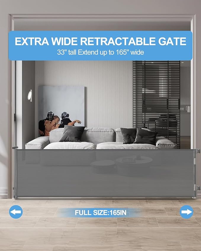 Veraste Retractable Baby Gate,Mesh Baby Extra Wide Gate,Extra Long Dog Gate,33" Tall,Large Extends up to 165" Wide,Child Safety Extra Large Gate for Doorways, Stairs, Indoor/Outdoor（Grey,33"x165"）