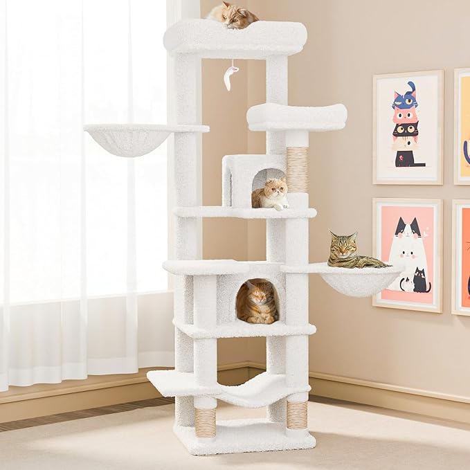 Beige 68 Inches Multi-Level Large and Tall Cat Tree Tower for Indoor Cats/Removable Pad/Cat Condo/Sisal Scratching Posts/Hammock/Cat Activity Center/Wide Base,White