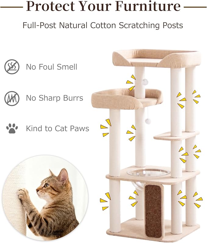 53'' Cat Tree for Large Cat, Modern Senior Friendly Cat Tower with Wide Shelves Low Step, Cotton Scratching Posts, Super Sturdy Base, Cozy Perches, and Interactive Toys (Ivory)