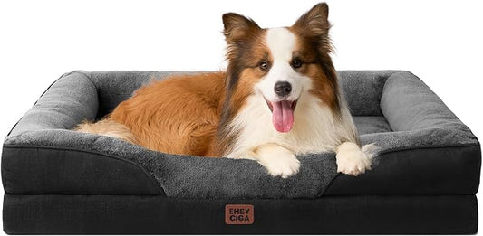 EHEYCIGA Orthopedic Dog Bed for Large Sized Dog, 41x27 Inch Large Memory Foam Dog Couch Bed with Sides, Waterproof Liner & Washable Removable Cover, Bolster Pet Sofa, Grey/Black