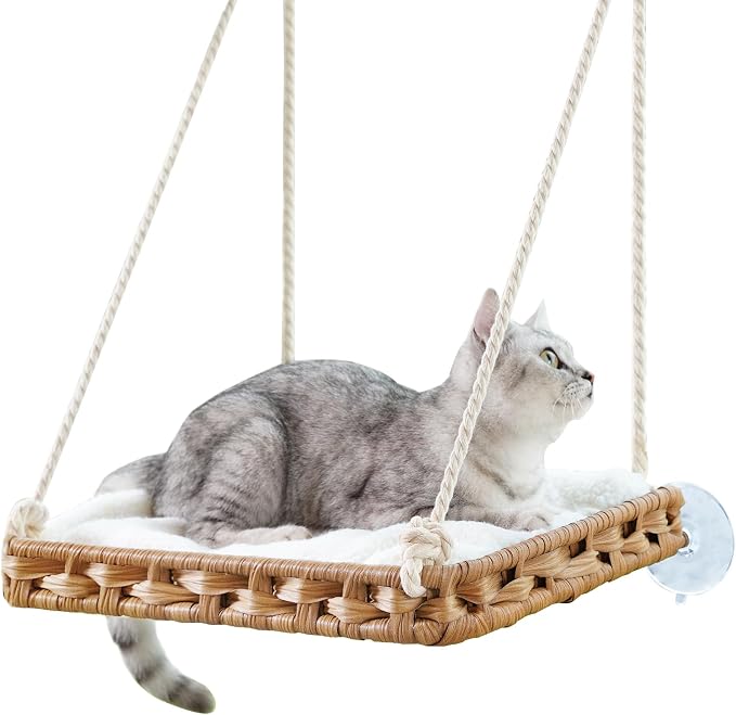 SETVSON Cat Window Perch Cat Window Hammock Bed, PE Rattan, Natural | 360° Clear View Bird Watching Seat, Sunbathing Shelf with 4 Suction Cups, 2.3 Inch Fence, Removable Washable Cushion