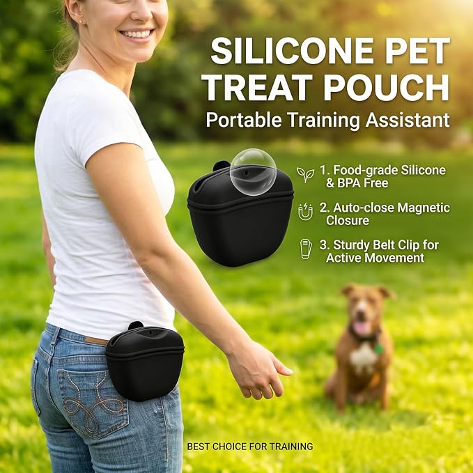 Dog Treat Pouch for Training, Silicone Dog Treat Bag with Strong Clip, Hands-Free Puppy Training Treat Holder, Portable Pet Snack Pouch for Walking, Agility, Obedience Training & Outdoor Use